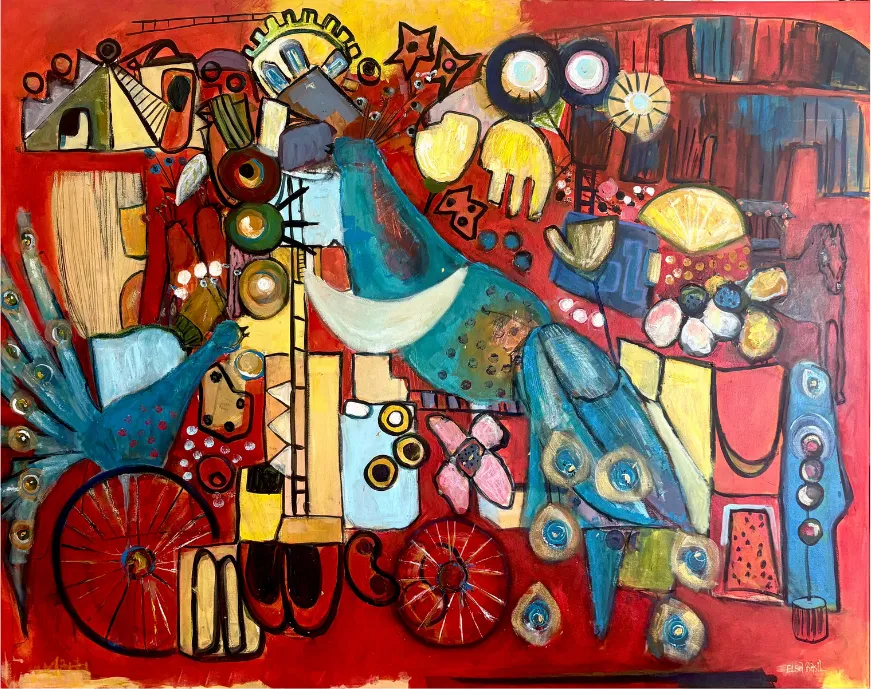 Dense red composition crowded with figures, wheels, flowers, and peacock feathers in blues and golds.