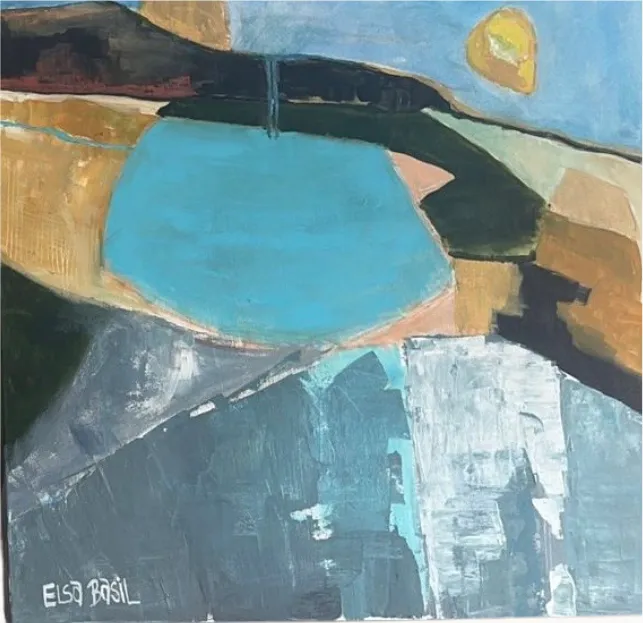 Abstract painting of a pale blue pool held between sand and slate-grey planes, under warm ochre and dark bands.