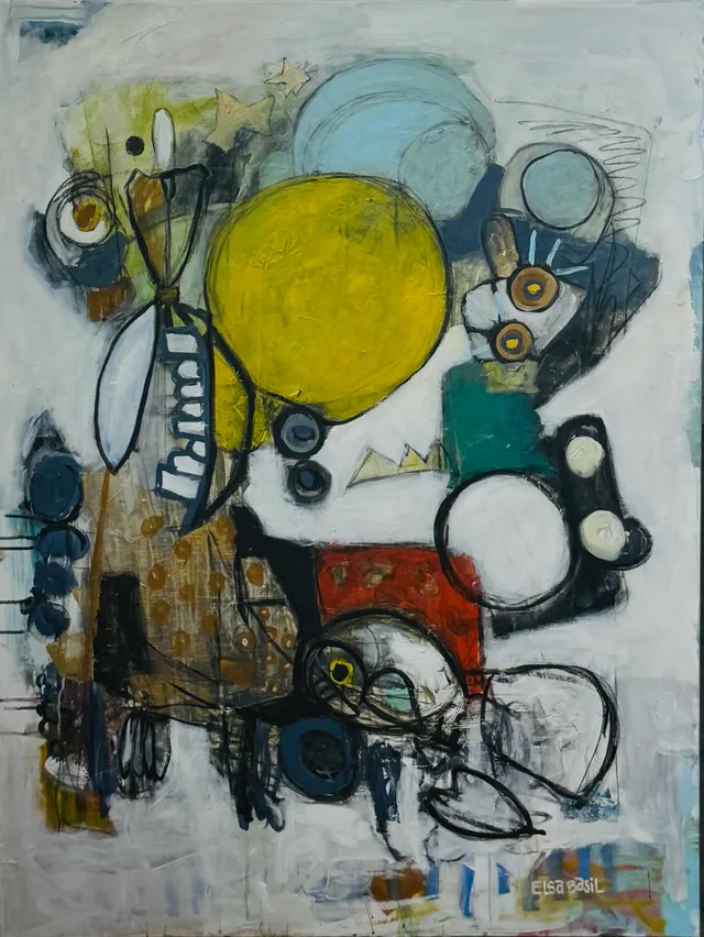 Vertical painting on a pale grey ground: a yellow circle, blue and black rings, a red block, tan patches and loose black line drawings that almost become figures