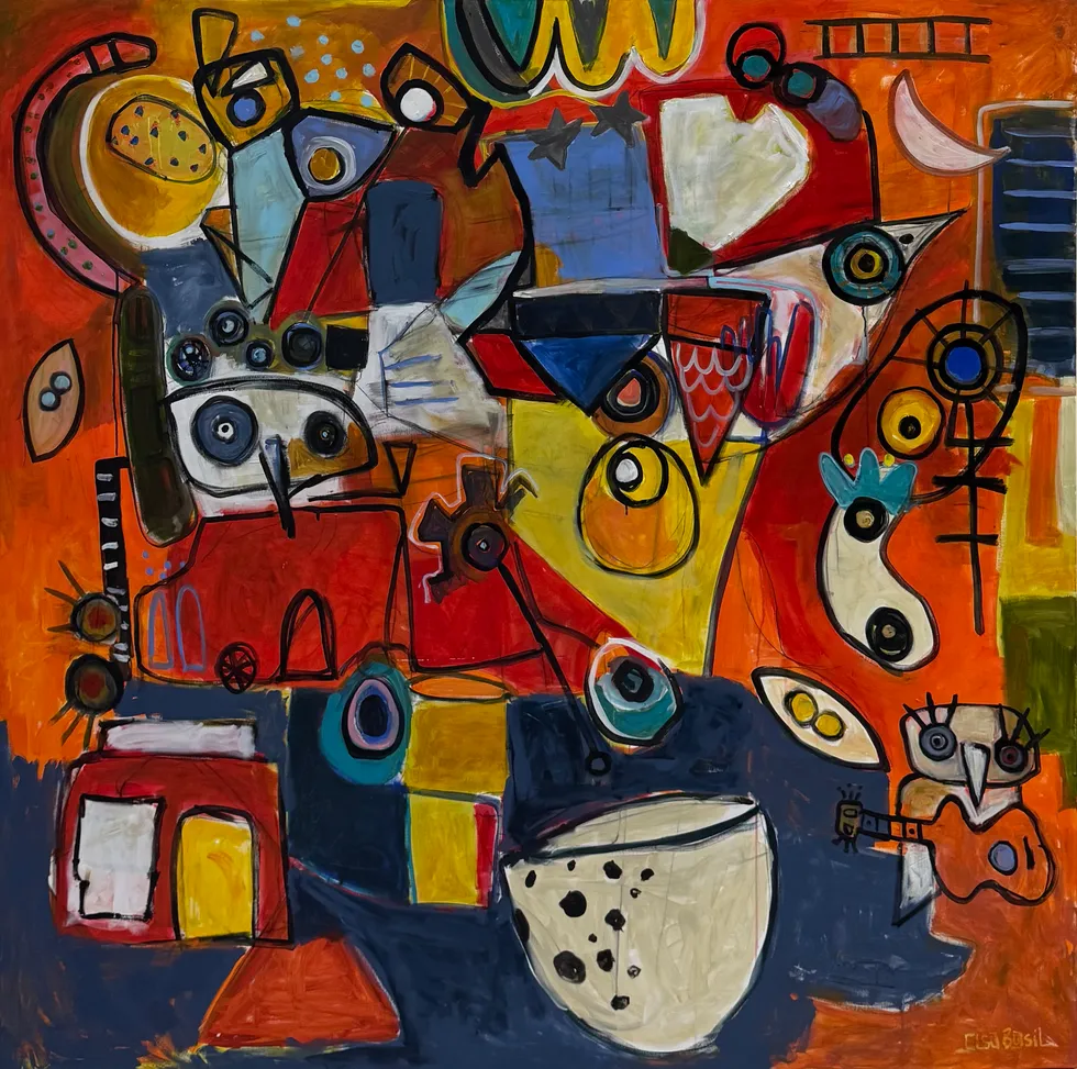 Large square painting on warm orange and deep blue grounds, dense with black-outlined figures: wide-eyed owls, a small guitar, ladders, stars, wheels, a crescent moon and a speckled bowl