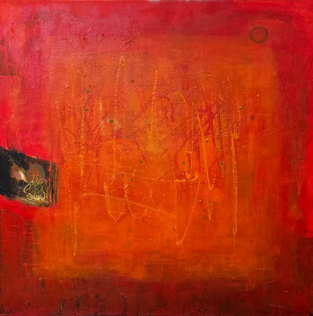 Square abstract painting in deep reds and oranges, its surface scratched with glyph-like marks, a dark window opening at the left edge and a faint circle floating top right