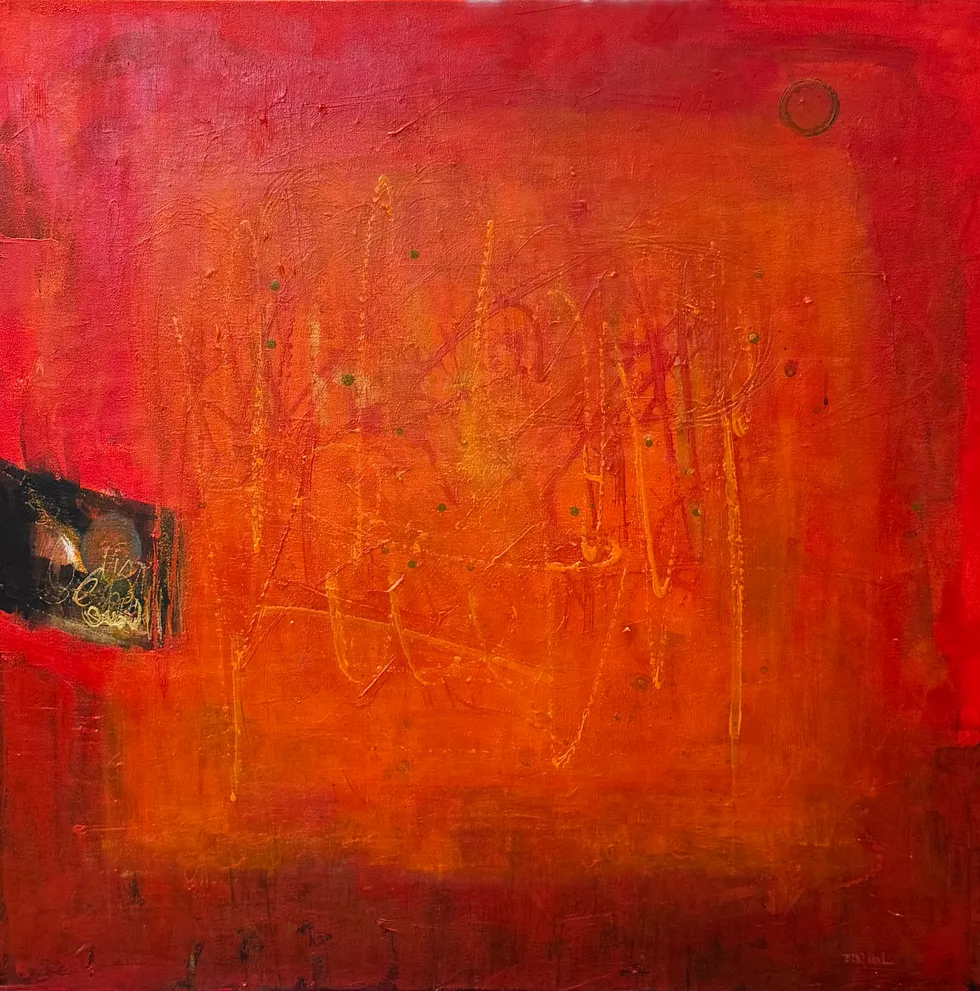 Square abstract painting in deep reds and oranges, its surface scratched with glyph-like marks, a dark window opening at the left edge and a faint circle floating top right