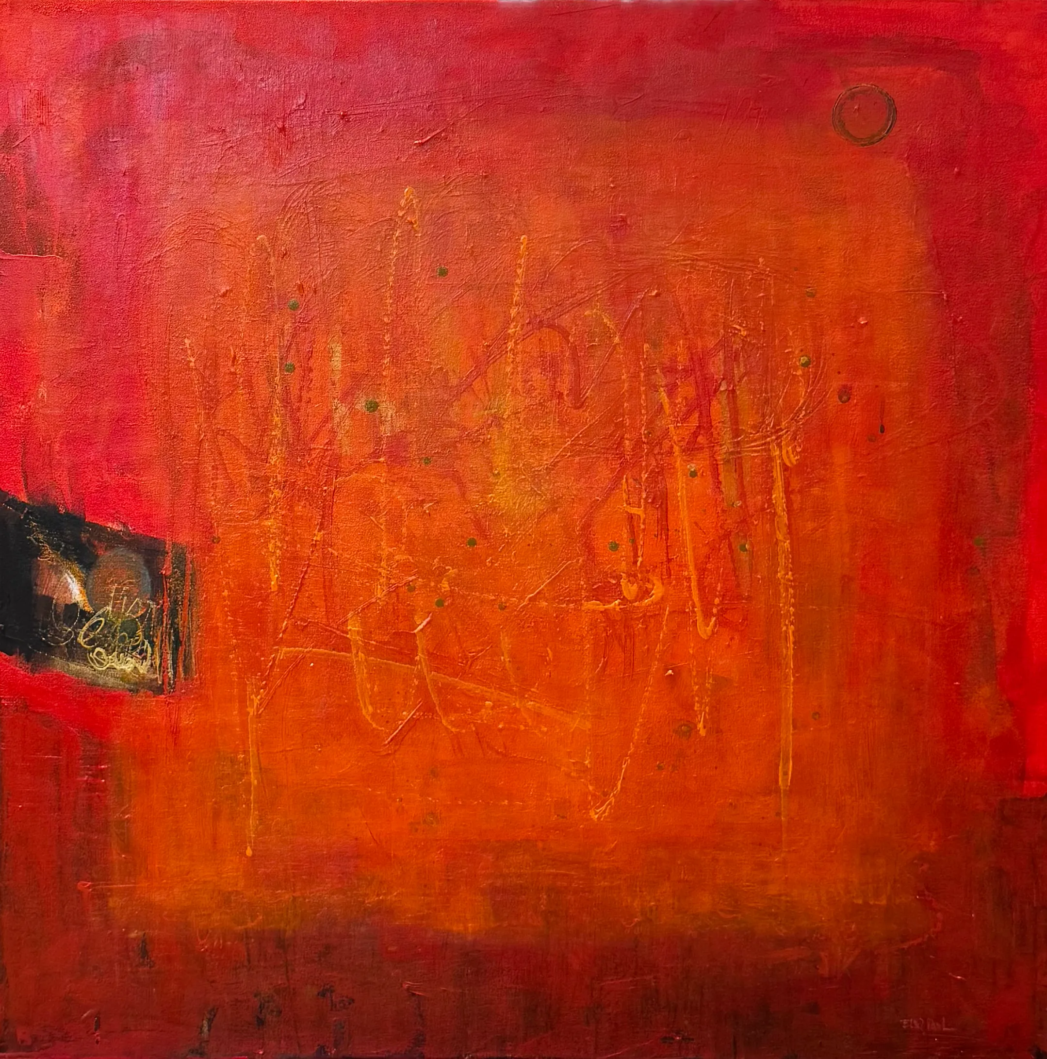 Square abstract painting in deep reds and oranges, its surface scratched with glyph-like marks, a dark window opening at the left edge and a faint circle floating top right