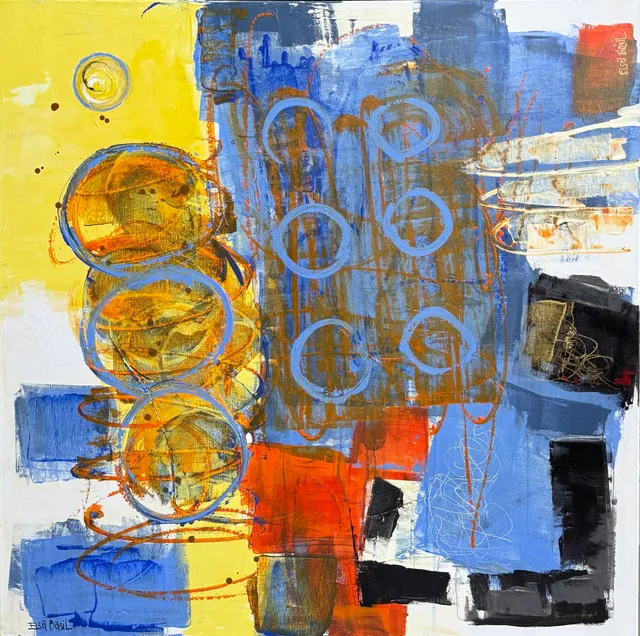 Square abstract painting split between a yellow band and a field of blues: chains of amber circles descend the left side while pale blue rings float over scratched orange marks