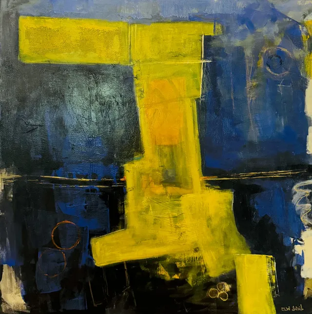 Abstract painting of luminous yellow forms plunging through layers of deep blue and black