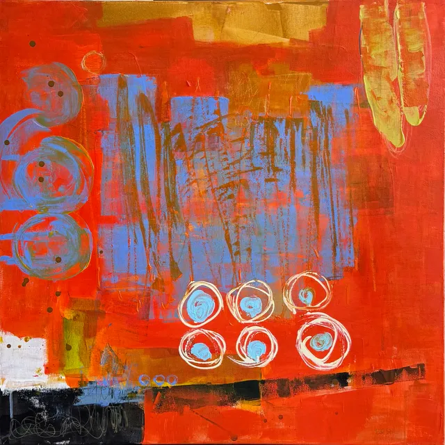 Square abstract painting in vermilion and rust: a scratched block of blue at the center, blue spirals down the left edge and six white nest-like rings with blue centers below