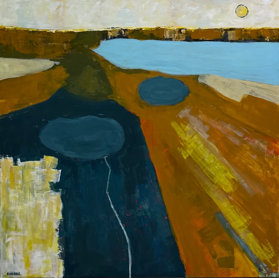 Aerial landscape in ochre, umber and deep blue: a pale sky with a small sun over a band of light blue water, dark crater shapes floating on painted earth