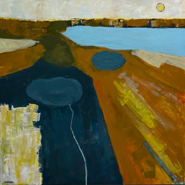Aerial landscape in ochre, umber and deep blue: a pale sky with a small sun over a band of light blue water, dark crater shapes floating on painted earth