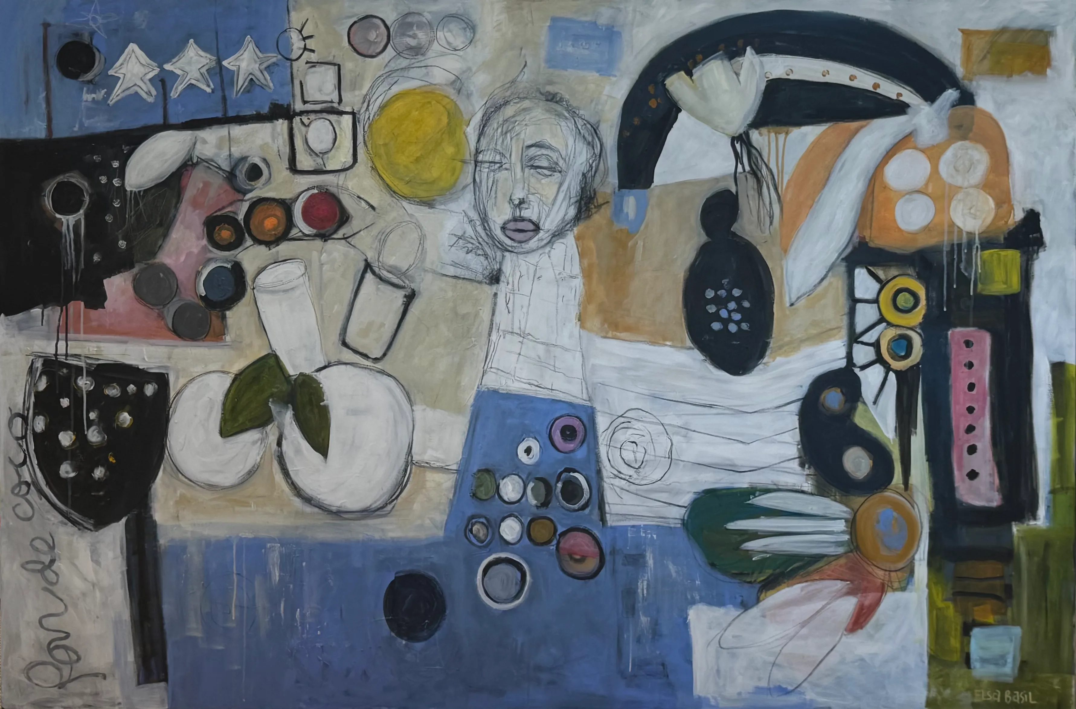 Horizontal painting on soft grey and blue grounds: a sketched face at the center among stars, cherries with leaves, dark coral-like shapes, pink accents and handwritten words