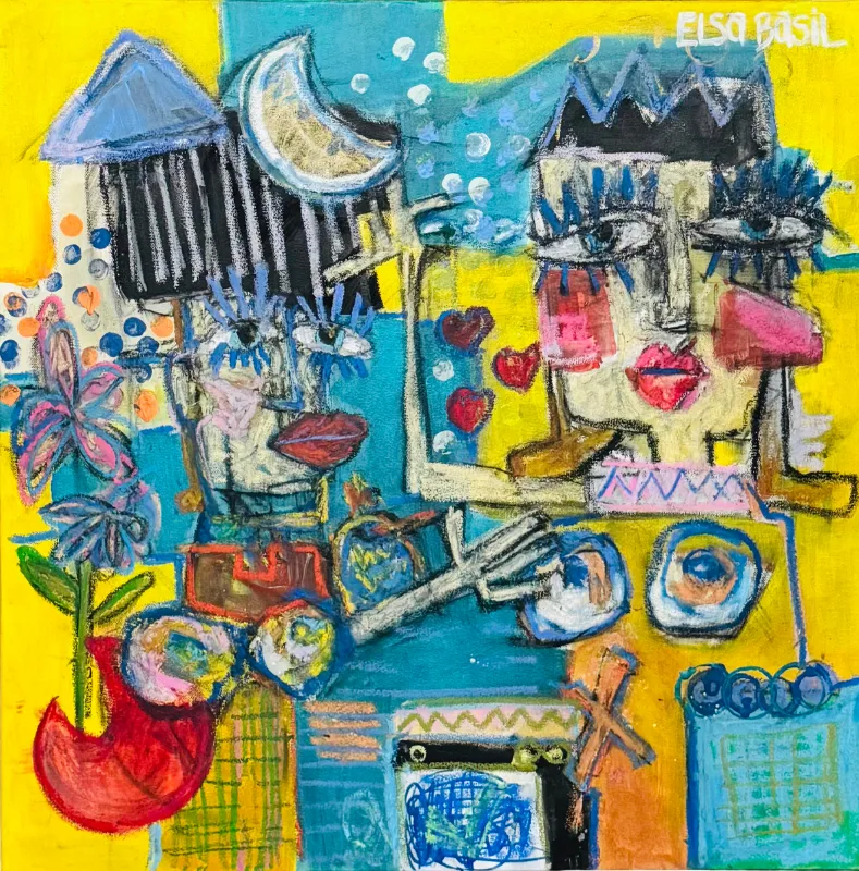Playful composition on yellow: two faces meeting over hearts, eggs, flowers, and small painted objects.