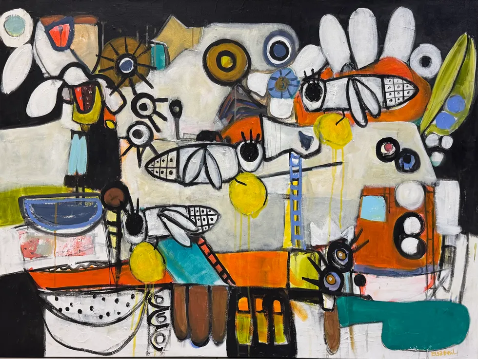 Landscape-format painting on a dark ground: firefly-like creatures with patterned wings and wide eyes among white petal fans, ladders, yellow orbs, an orange vehicle and a pool of teal light