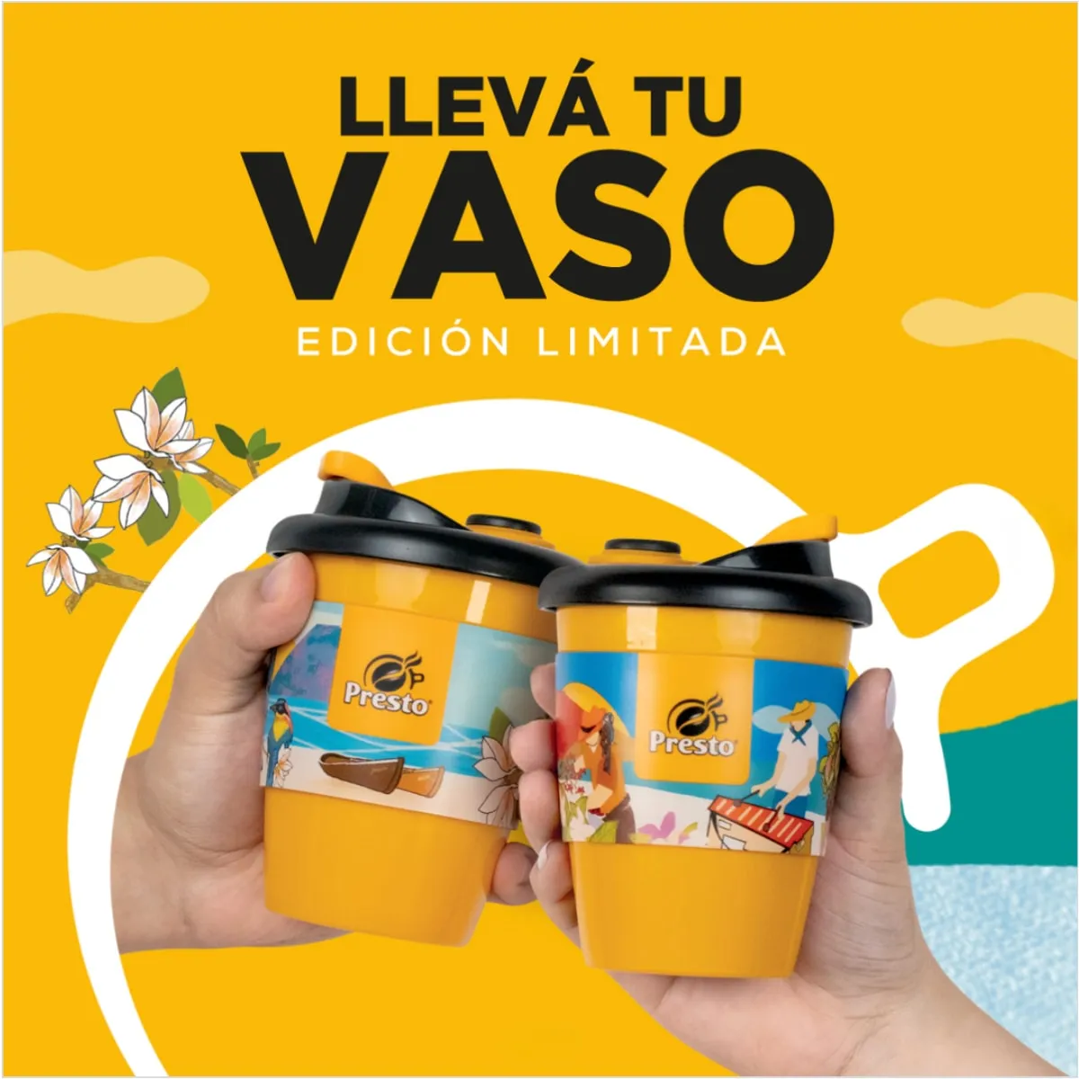Campaign card for the limited edition, two hands toasting illustrated yellow travel cups