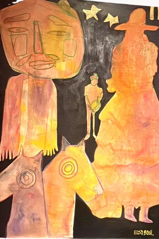 Street procession figures in oranges and golds against black: a wide-hatted figure, a masked face, and two horned animal heads.