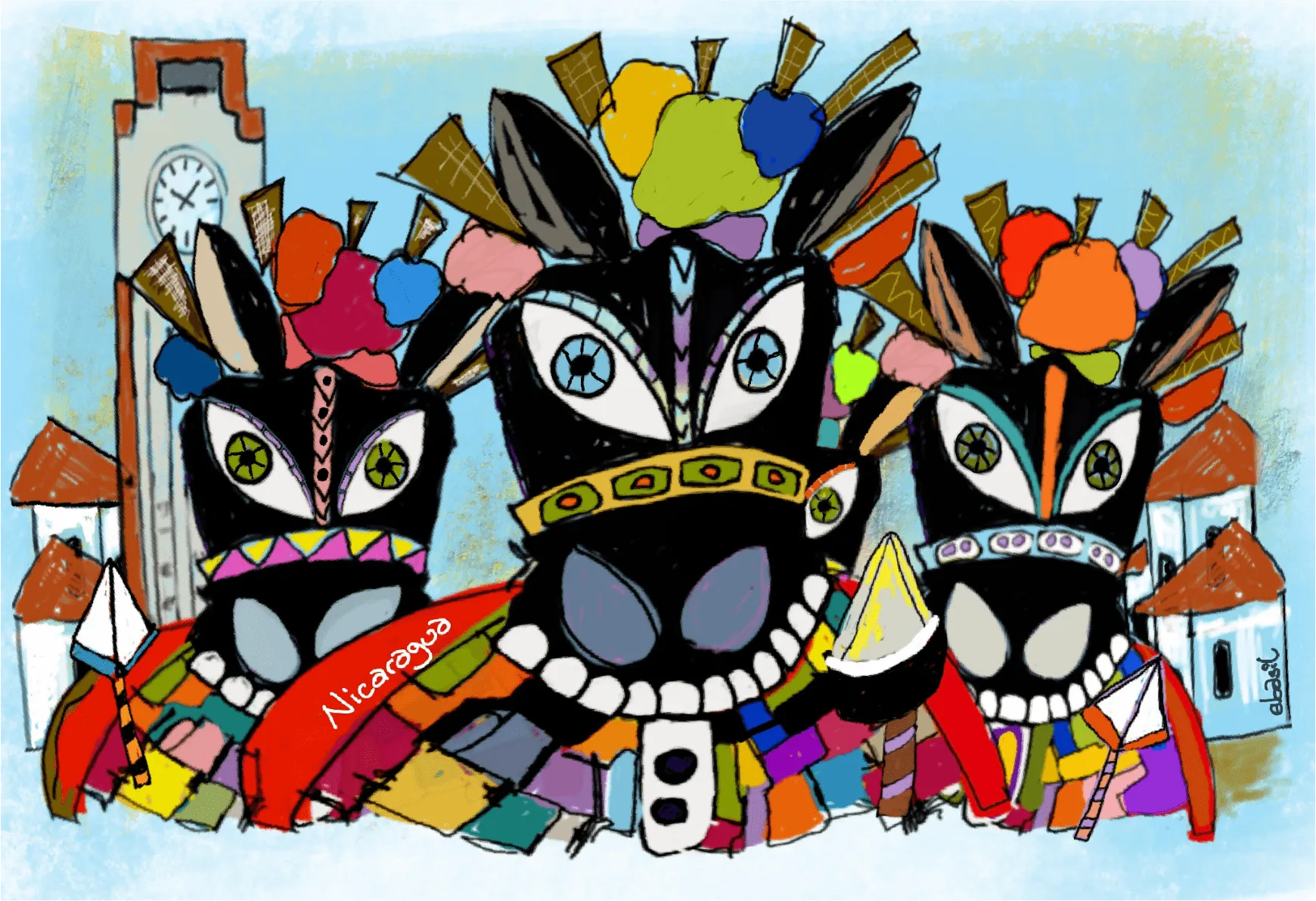 A crowd of carnival masks in black and vivid color, a village and its clock tower behind them