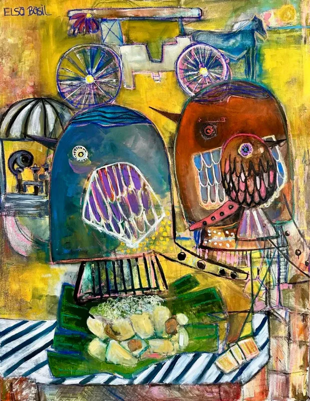Two bird-like figures with patterned feather bodies among cart wheels, an umbrella, and plates of food, in ochres and warm yellows