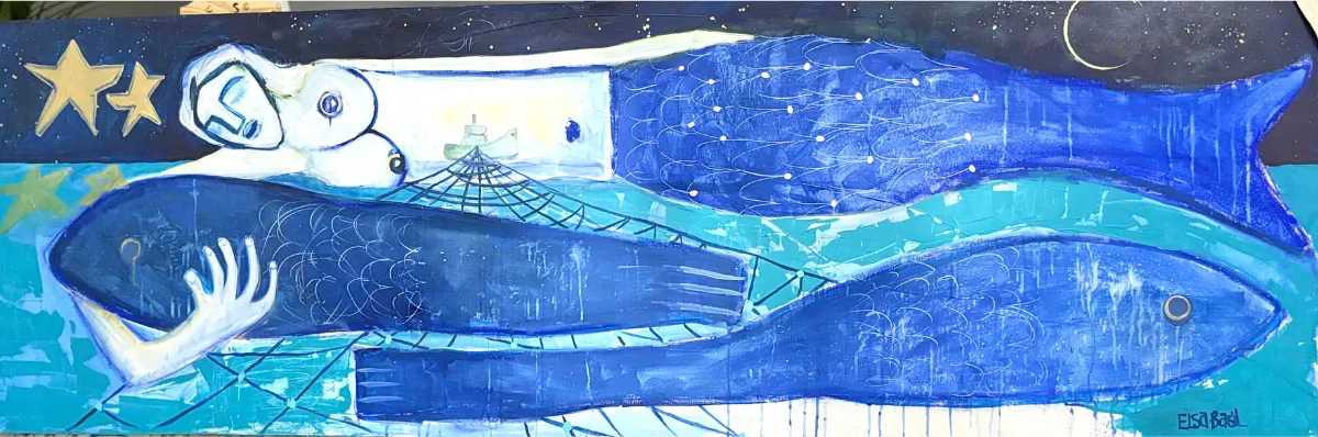 A wide night-blue scene: a pale mermaid figure reclining beside great blue fish under gold stars.