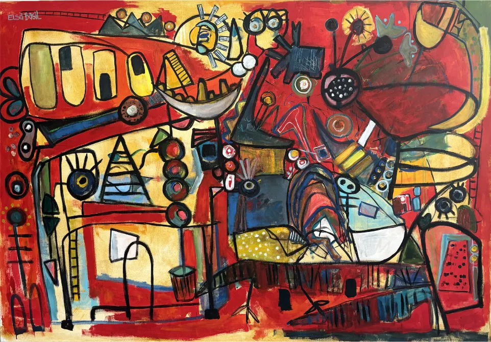 Dense red composition of a courtyard crowded with birds, wheels, flowers, vessels, and small painted objects.