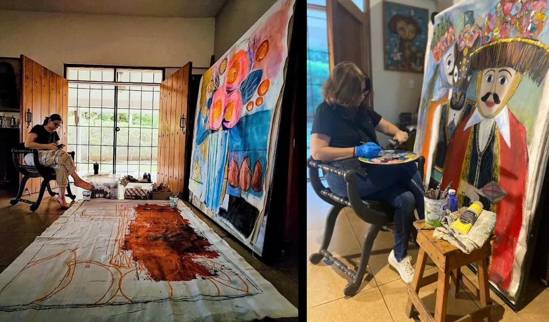 Two scenes of Elsa Basil painting large-format canvases in her studio