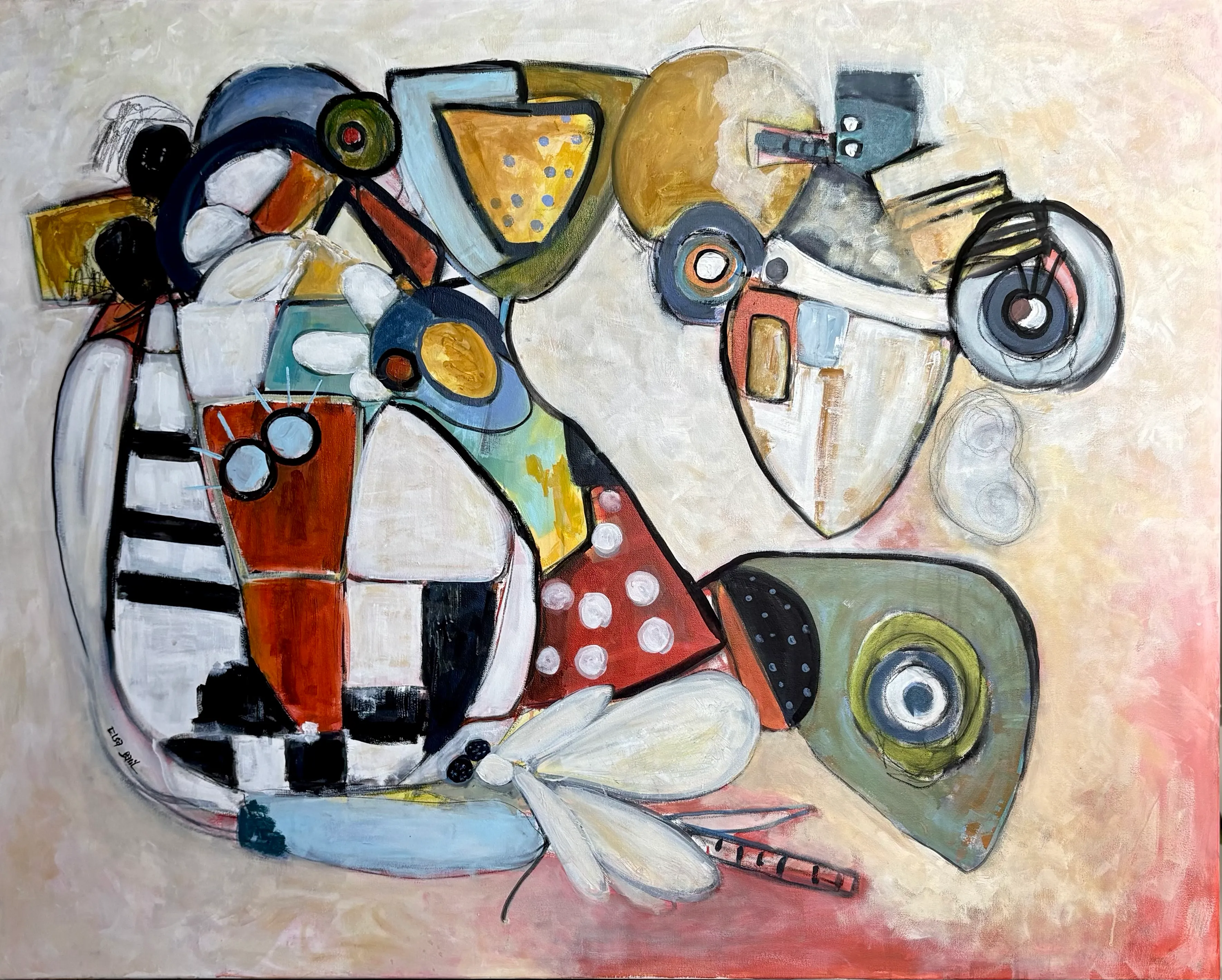 Painting on a warm cream and rose ground: an assembly of organic and mechanical forms, wheels, striped cones, patterned vessels and a pale dragonfly, joined into a floating structure