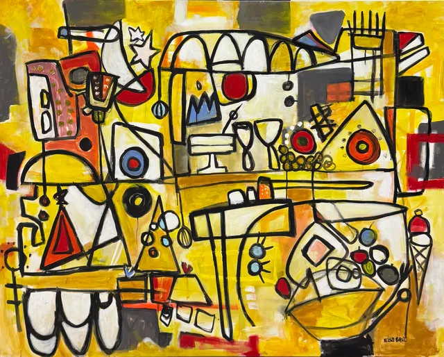 Yellow landscape-format painting drawn in black line: a long table with goblets, cake stands and fruit, white arches, small triangles, an ice cream cone and scattered stars