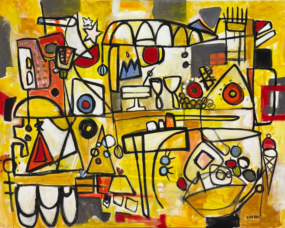 Yellow landscape-format painting drawn in black line: a long table with goblets, cake stands and fruit, white arches, small triangles, an ice cream cone and scattered stars